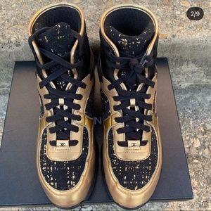 Satin Lambskin Fabric Tweed CC Black Gold High Top Sneakers
